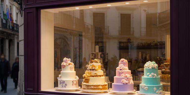 Obrador de pastelería artesanal en una calle céntrica de Murcia con tartas terminadas en el escaparate