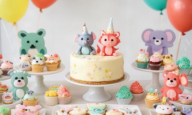 Mesa dulce infantil con galletas decoradas y tartas de animales en Murcia