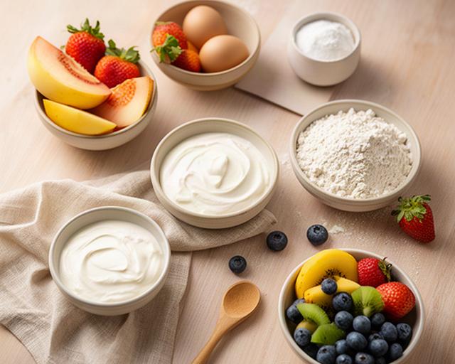 Ingredientes naturales como fruta, yogur y harina suave preparados para una tarta de bebé en Murcia