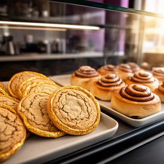 Cookies americanas y rolls de canela recién horneados en la vitrina de una cafetería de Murcia