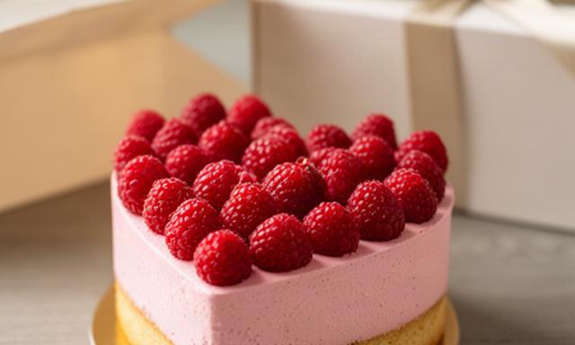 Mini tarta con forma de corazón y cobertura de frutos rojos preparada para una entrega de San Valentín en Murcia
