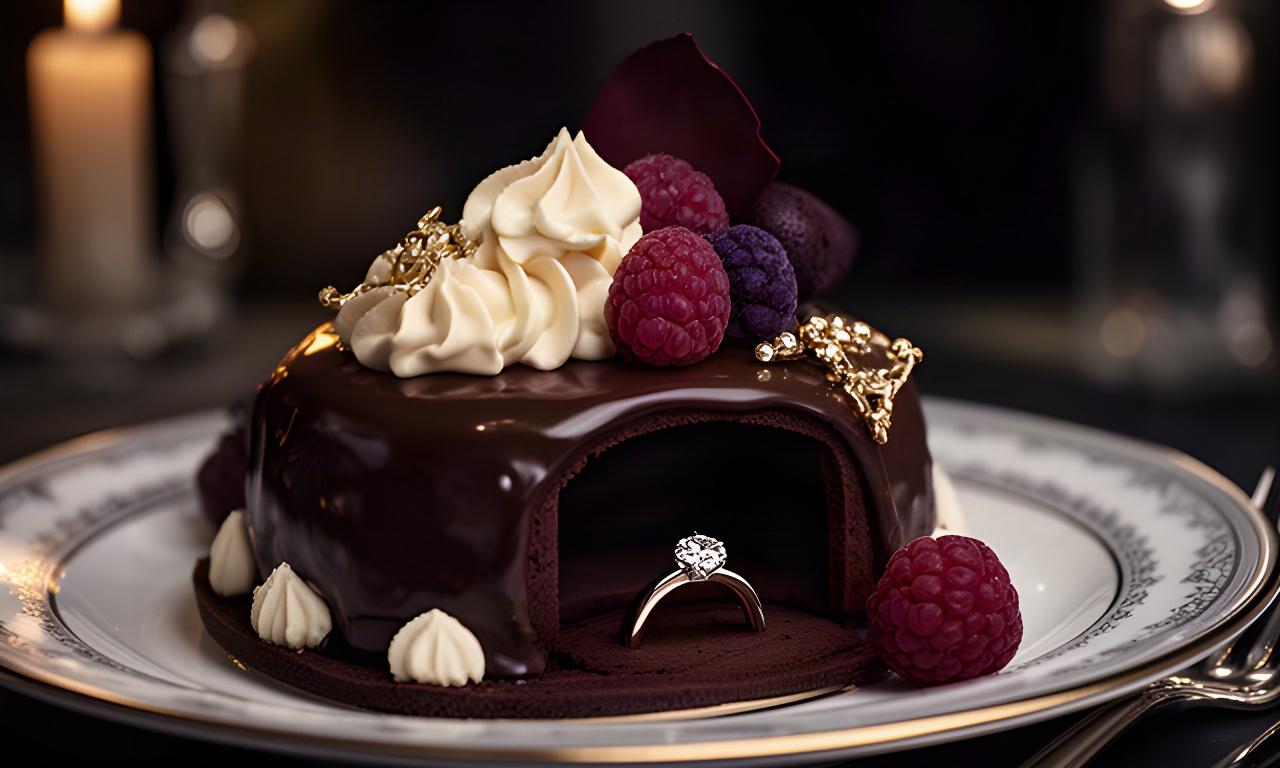 Postre romántico de chocolate con anillo oculto y mensaje para una pedida de mano en Murcia