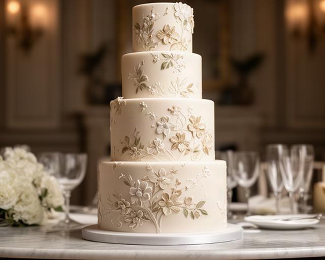 Tarta de boda cubierta de fondant marfil con relieve floral sobre mesa elegante en Murcia
