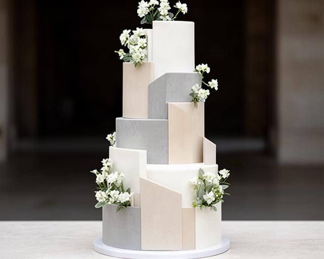 Tarta moderna de boda minimalista con pisos geométricos y flores blancas en Murcia