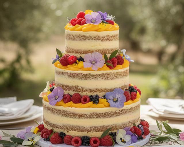 Tarta naked de tres pisos con frutos rojos y flores comestibles en una boda de Murcia